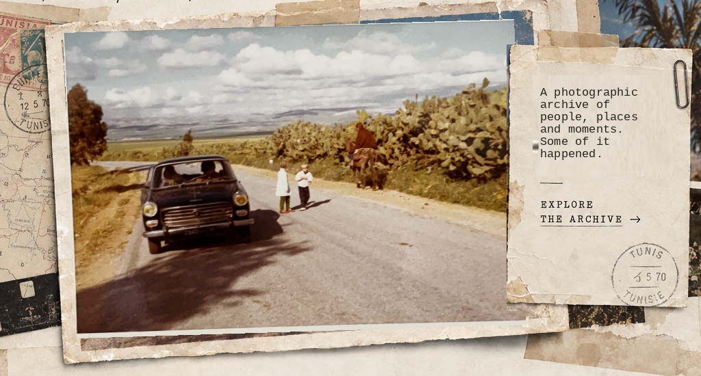 Vintage collage with an original Tunisia road photograph and archive note.